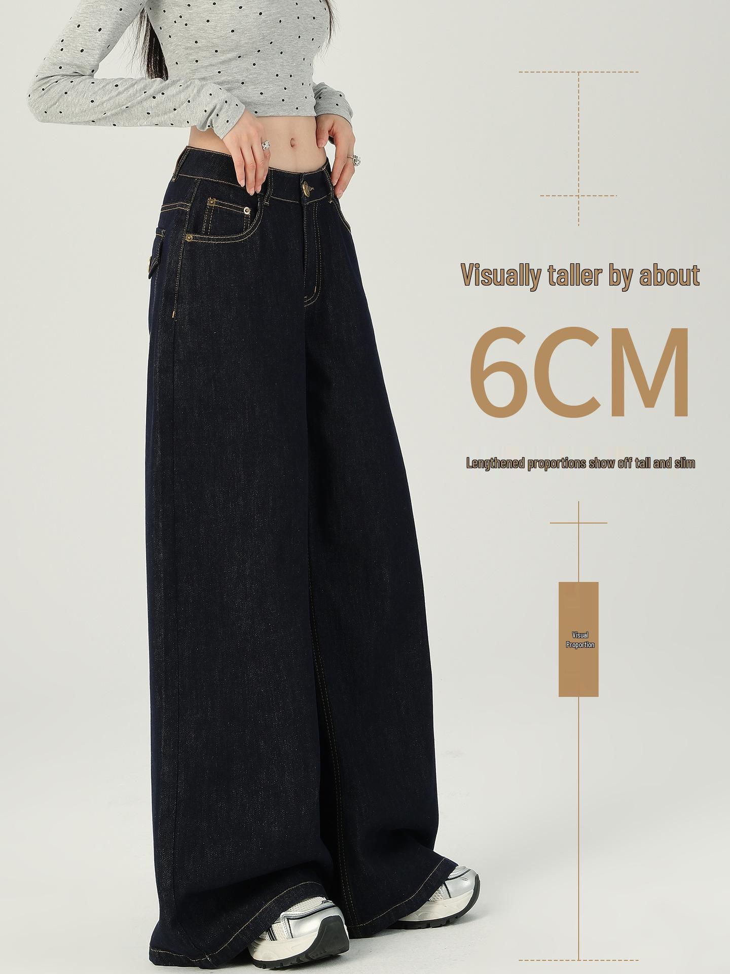 

Women s Retro Dark Blue High-Waist Wide-Leg Jeans, Autumn 2025 New Arrival, Plus Velvet, Original Color, Loose Fit, Floor-Length. XS [75-82 jin]