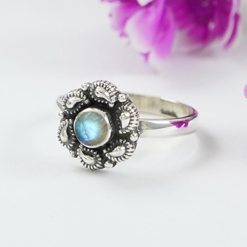 Moonstone Ring, Dainty Ring, 925 Sterling Silver Handmade Bohemian Ring, Round Ring, Birthday Gift, Gemstone Ring