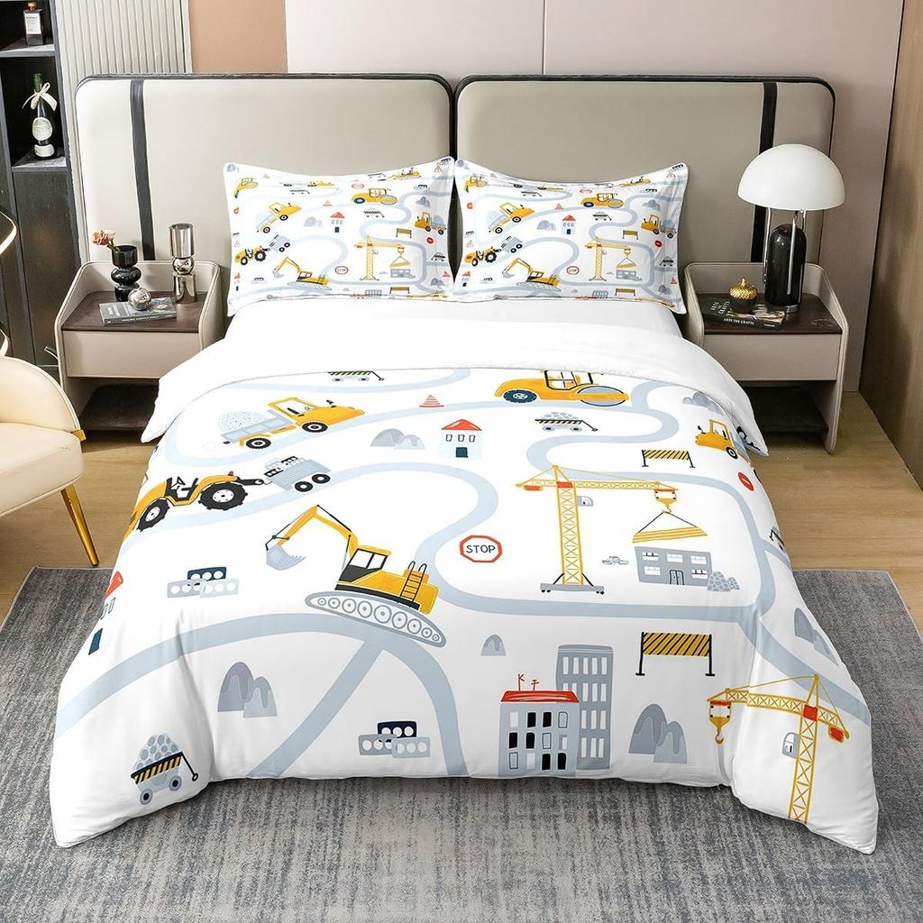 Cartoon Camping Excavator Duvet Cover Set King Size Luxury Truck Bedding Set Camping Essentials 3 Piece Set With 2 Pillowcases