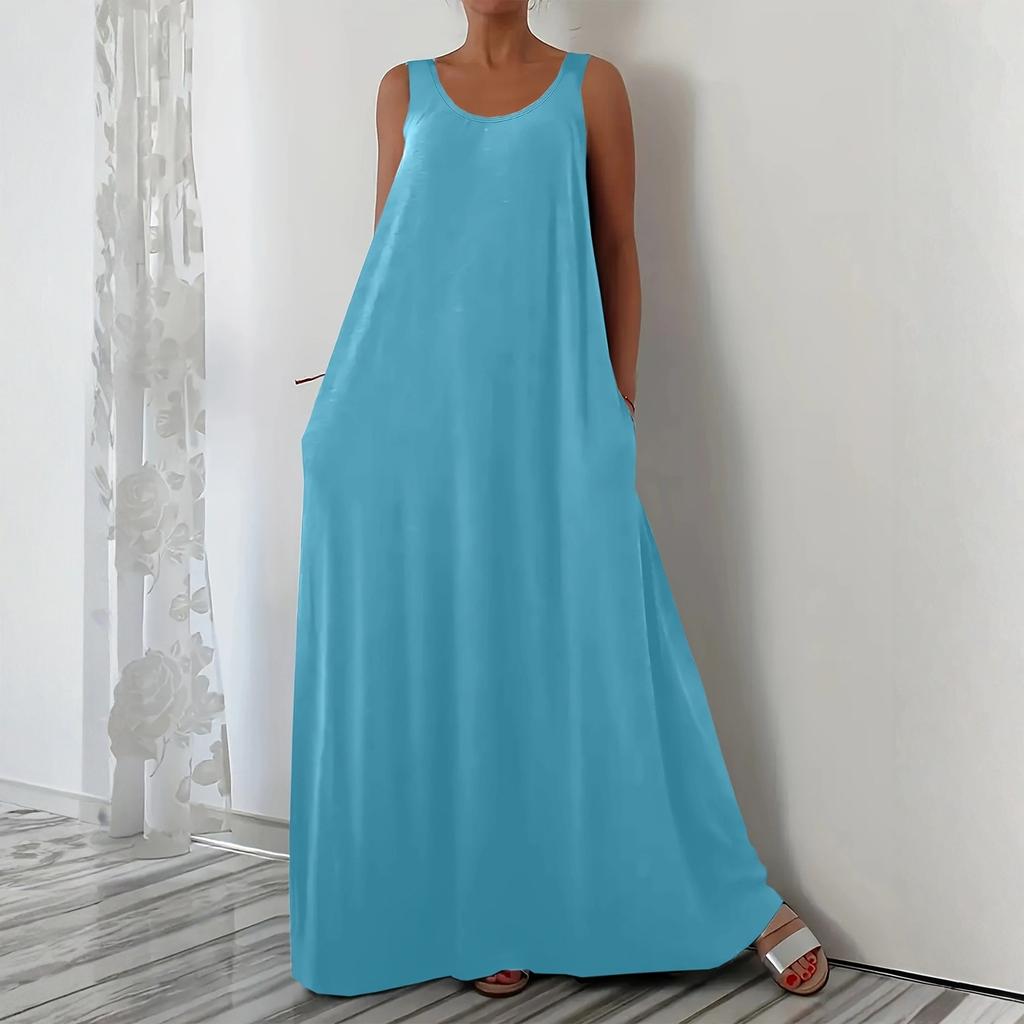 Damska Modna Sukienka Pulowerowa Bez Rękawów z Dekoltem V w Jednolitym Kolorze, Casualowa, Luźny Krój