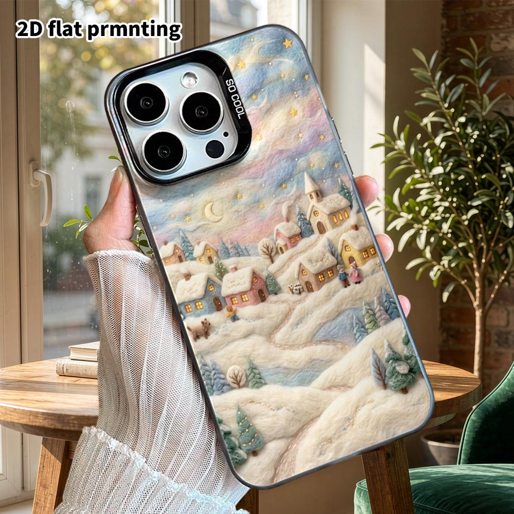 Phone Case: 2D Flat Design Suitable for iPhone 18, 17, 16, 15, 14, 13 Pro, Color Silver Protective Case, Couple Style, Winter Town, Christmas and Hall