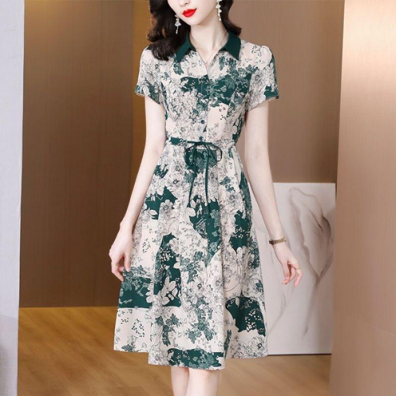 

Женские популярные цветочные платья, летние новые модные принтованные платья, костюм с воротником, коротким рукавом, повседневная ветровая юбка А-силуэта 3XL