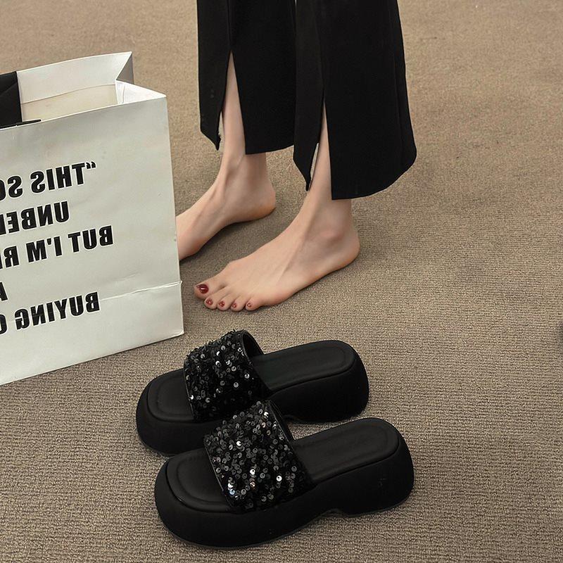 Sense Sequined Muffin Bottom Slippers Women's Summer Wear One Word Women's Platform Sandals Semi-cool Slippers New