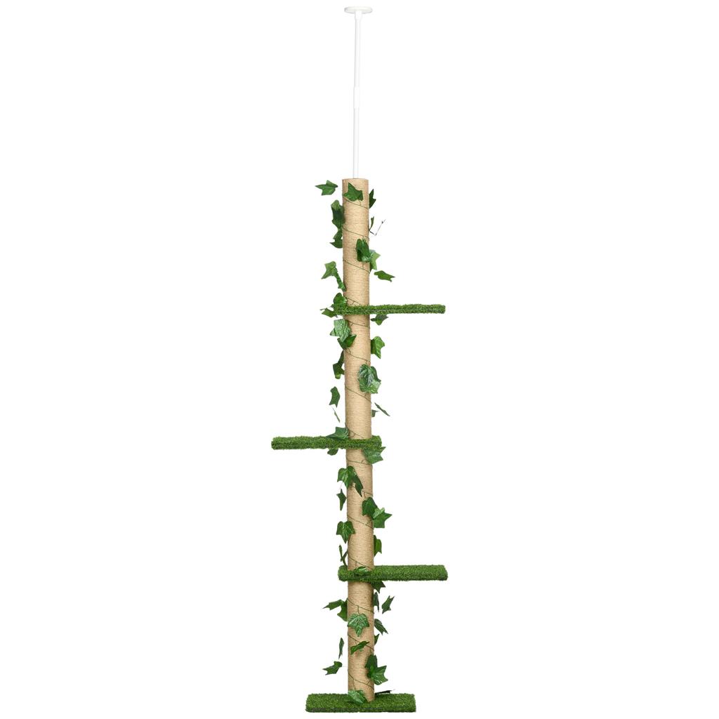 242cm Adjustable Floor-To-Ceiling Cat Tree, with Artificial Decoration, Perches, Anti-Slip Kit - Green
