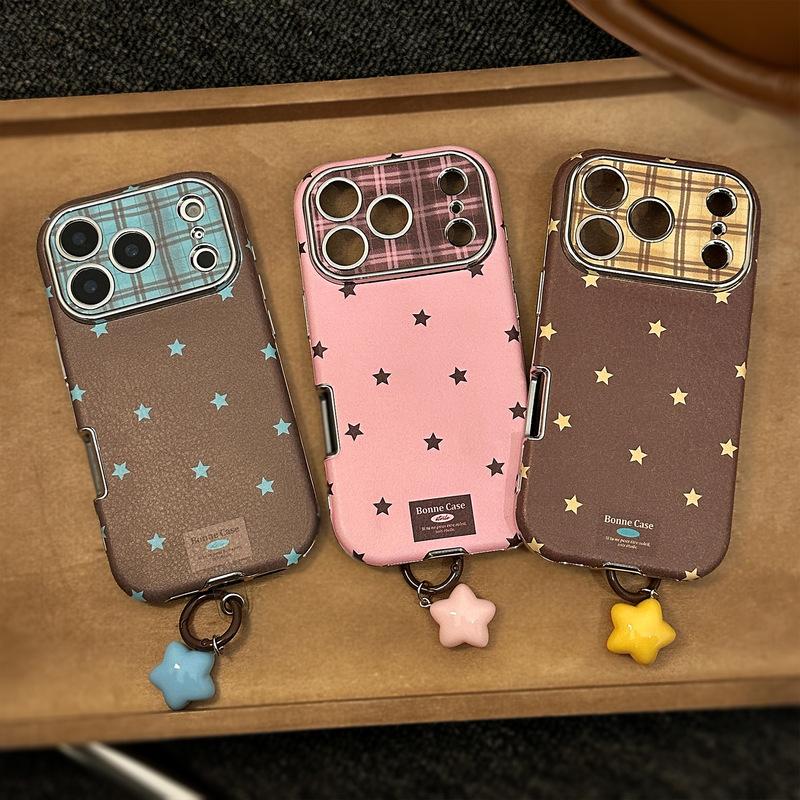 Retro Stars Plating Leather Texture Phone Case For iPhone 17 16 15 Plus 14 13 12 11 Pro Max With Star Pendant Shockproof Cover