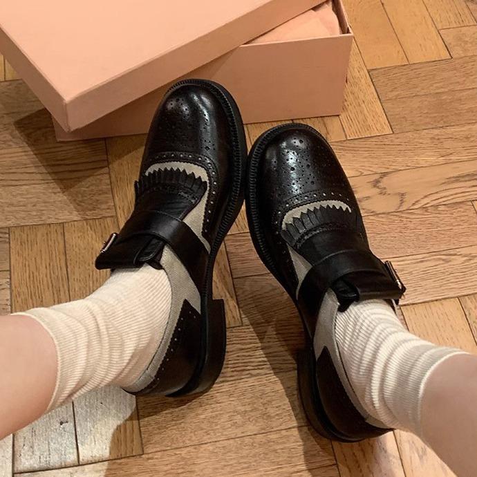 Grape mother autumn new fashion platform small leather shoes women washed horse leather pattern British style uniform loafers women