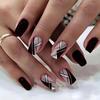 24 Peças Pretas Brilhantes com Design de Linha Unhas Postiças Quadradas de Comprimento Médio Removíveis Cobertura Total Pontas de Unhas Postiças
