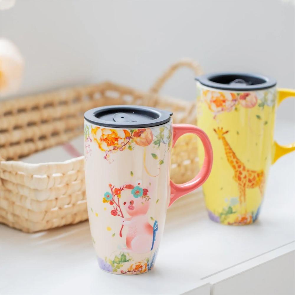 500ML Immortal Forest Mystery Animal Ceramic Cup, Large-capacity Water Cup, Coffee Cup with Lid, Couple's Cute Mugs Cup
