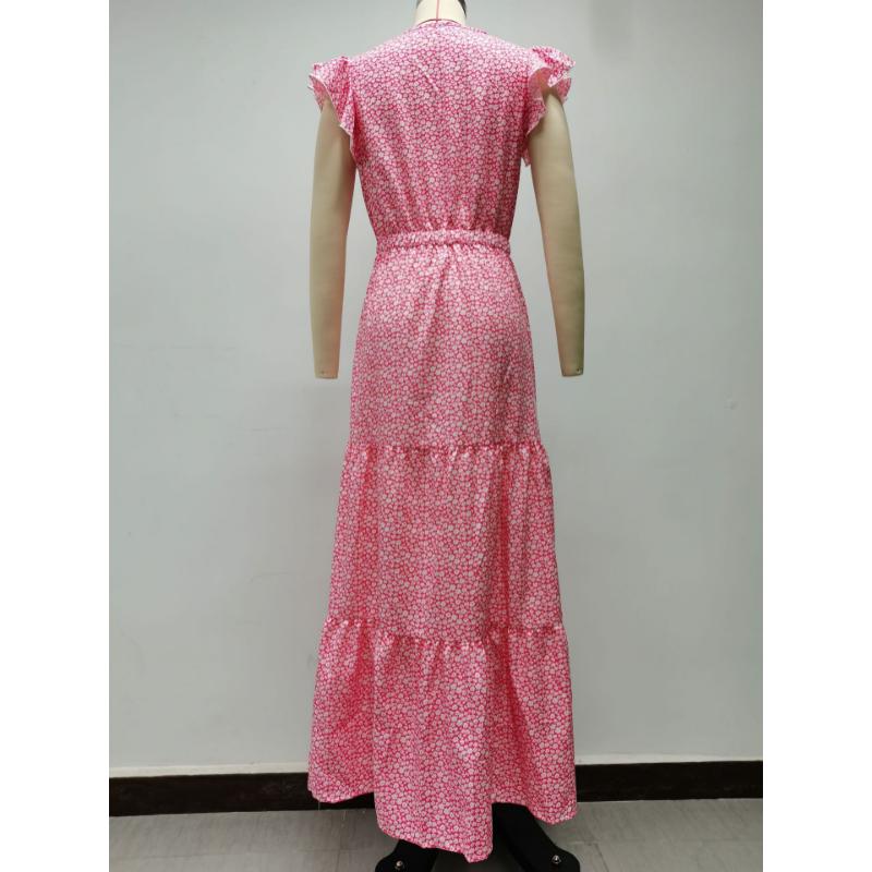 Maxi Abito Estivo Boho da Donna con Stampa Floreale Ditsy, Scollo a V, Vita Alta, Maniche a Volant, A Balze, Casual, per Vacanze al Mare