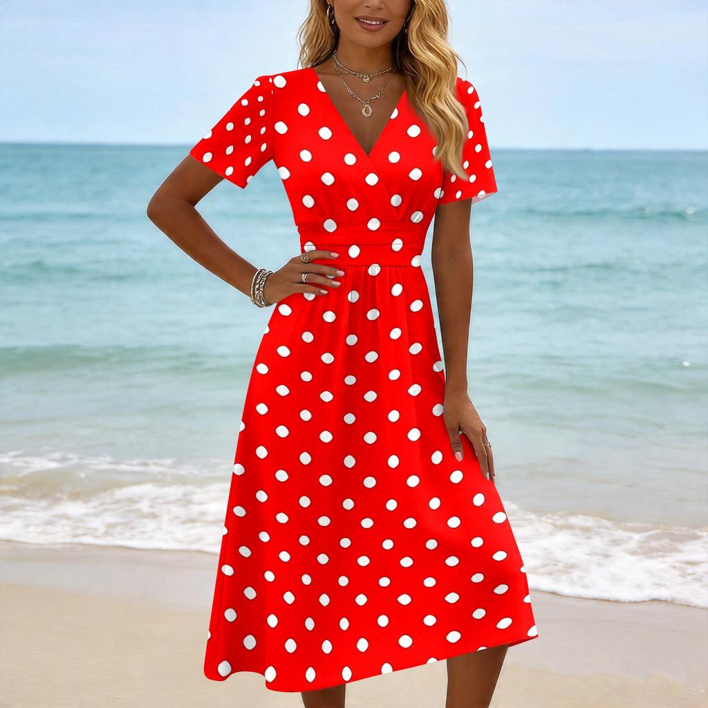Robe midi à pois pour femme, col en V, manches courtes, pour le printemps, robes pour femme, robes d'été pour femme, robes longues pour femme, robes d'été pour femme