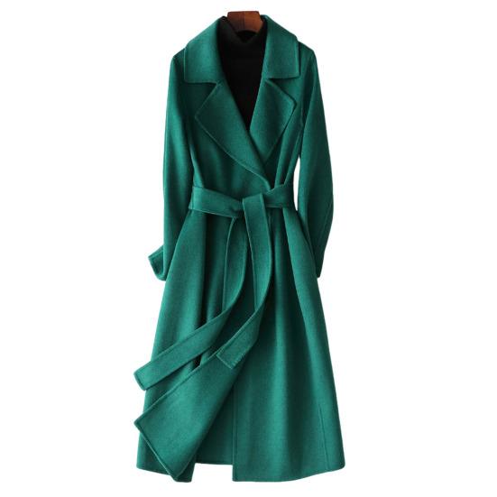 Damski Długi Wełniany Płaszcz Dwurzędowy Klapy z Wycięciem Otwarty Przód Płaszcz Trenczowy Slim Fit Jesień Zima Ciepły Płaszcz Wierzchni z Paskiem