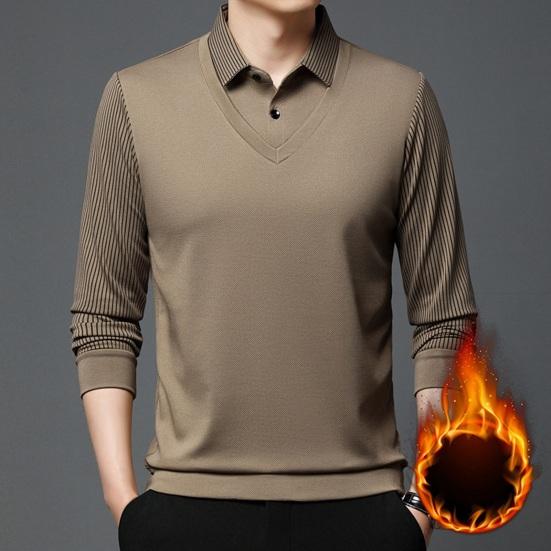 Men Fall Winter Top Fake Two-piece Pluish Lined Turn-down Collar Formal Business Style Shirt Mid-aged Men Father Office Work Clothes