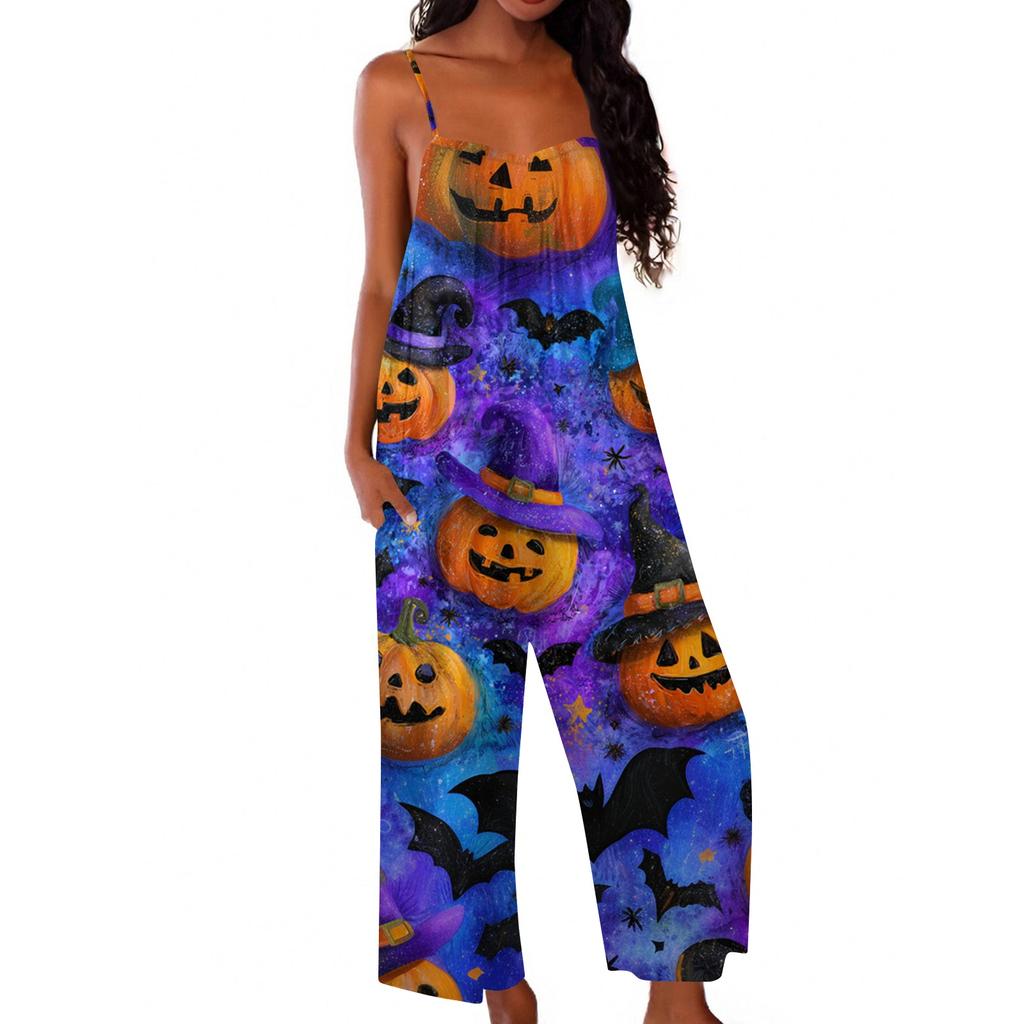 Women Halloween Printed Loose Jumpsuit Casual Sleeveless Wide Leg Romper Comfortable Fit for Seasonal Wear
