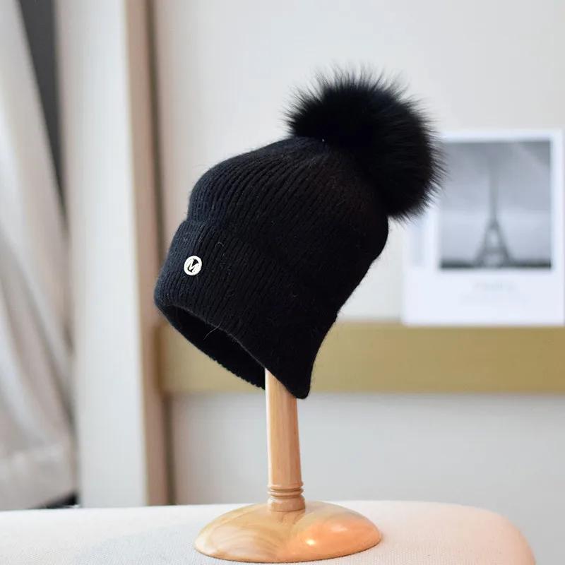 Winter Fox Fur Pompom Hats Angola Beanie For Women Studded Beaded Knitted Hats Outdoor Thick Warm Hat Casual Fashion Cap