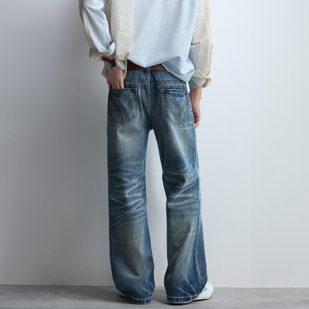 New American autumn and winter washed blue jeans men's cat whiskers loose straight wide-leg casual pants