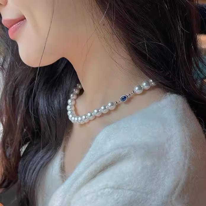 Natural Mother-of-Pearl Necklace with 925 Silver Sapphire Clasp, High Luster Shell Pearls, and Australian White Pearls.