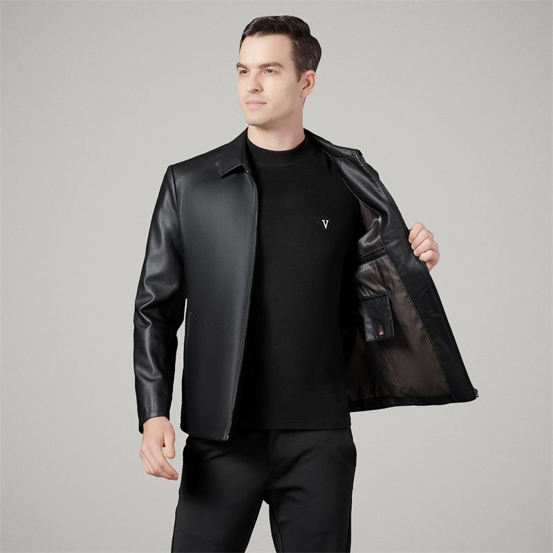 Autumn and Winter New Men's Leather Jacket Mid-sized Dad Wear Business Casual Simple Lapel Short Leather Jacket