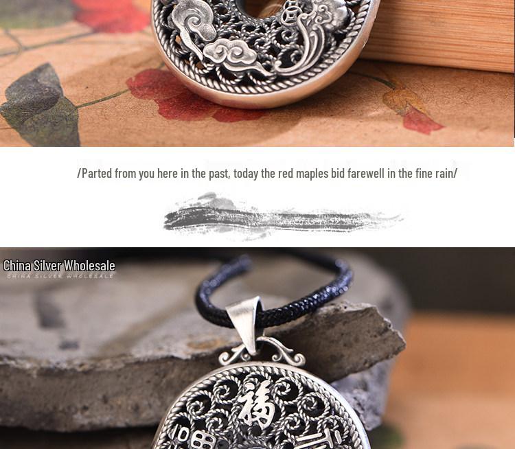 Sterling Silver S999 Unisex Auspicious Cloud & Bat Necklace - Retro Good Luck Peace Buckle Pendant.