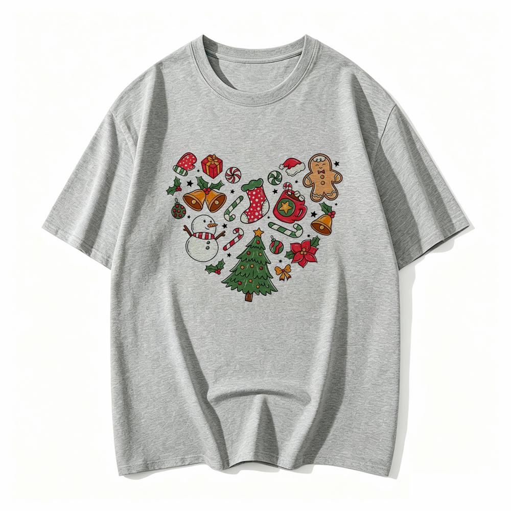 Christmas Heart Print Tshirt Holiday Design Featuring Gingerbread Unisex Candy Canes And Snowflakes Soft Crew Neck Casual Top
