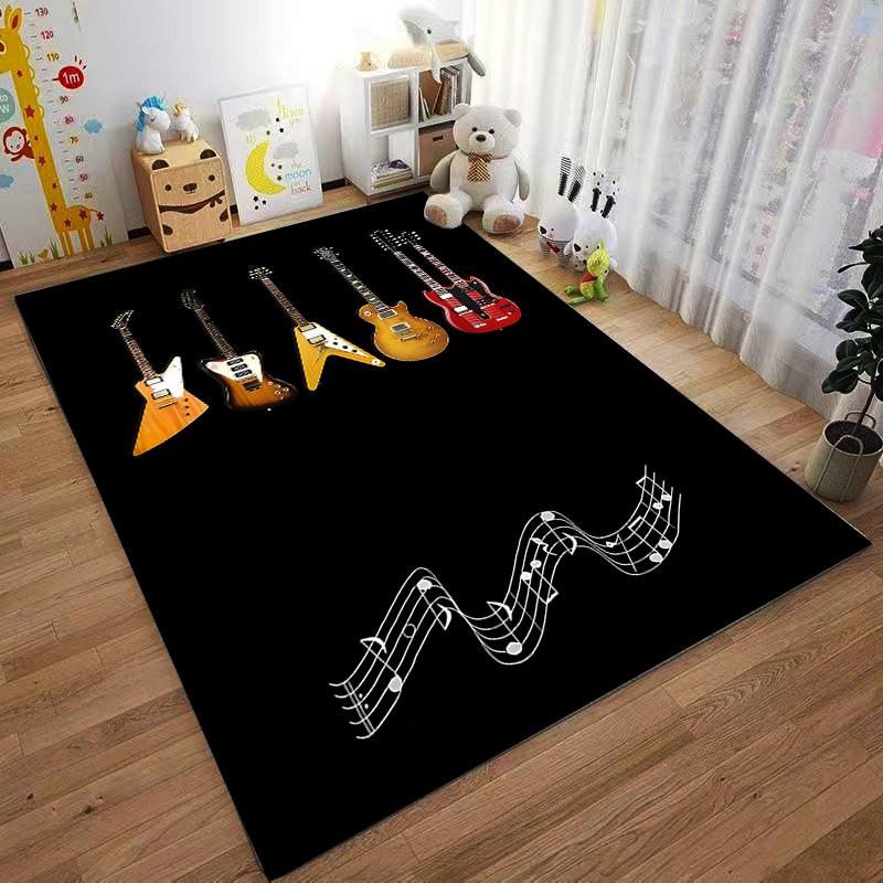 Guitar Pattern Carpet with Musical Notes On Black Background Suitable for Use As an Anti-slip for Living Room Bedroom Sofas