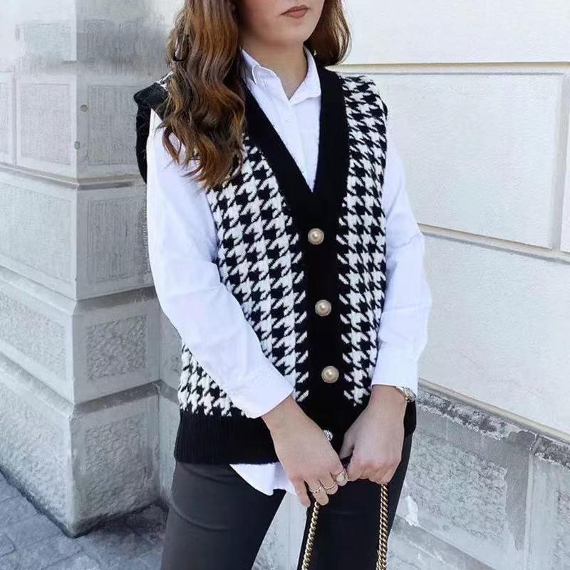 2023 Spring & Autumn Women's Houndstooth Knit Sleeveless Cardigan Vest