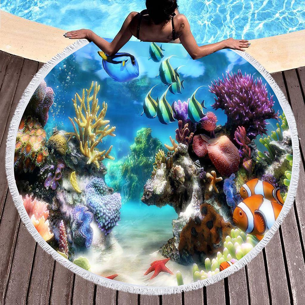 Ocean Hawaiian Tropical Sea Fish Print Round Beach Towel, Soft Microfiber Sealife Beach Blanket,Absorbent Quick Dry Pool Towel