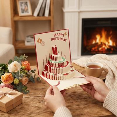 Cake Shape 3D Pop Up Birthday Card Hollow Paper Carving Colorful Happy Birthday Card Surprise Folding Message Cards