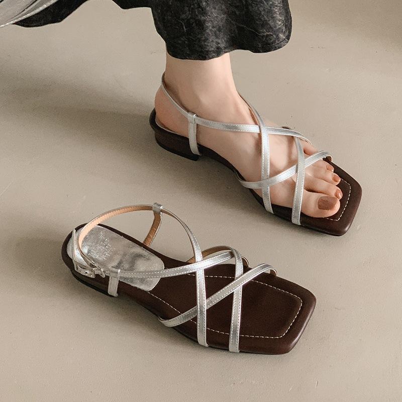 Cowhide version~ French shit-stepping cross strap square head open-toed sandals women's flat heel versatile new Roman shoes