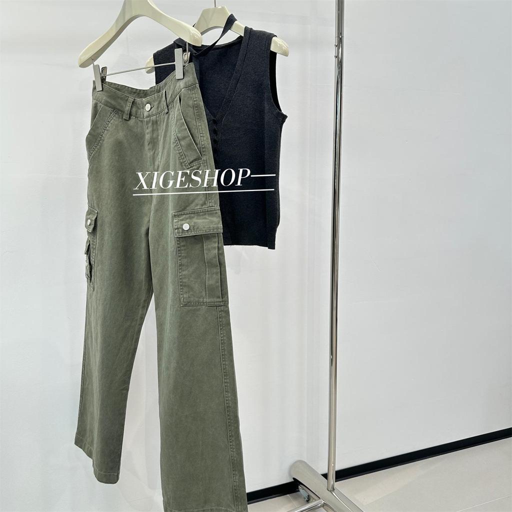 Women's Khaki Cargo Pants: American Street Style, Mid-Low Waist, Loose Fit, Pure Cotton, Stiff, Straight Leg, Autumn Casual Wear