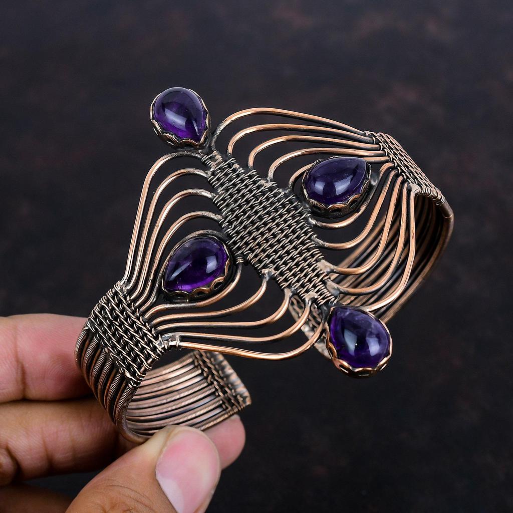 African Amethyst Cuff Bracelet Copper Wire Wrapped Bangle Adjustable Bangle Gemstone Handmade Bangle Elegant Copper Jewelry Engagement Gifts
