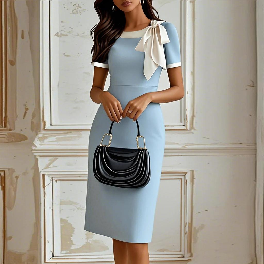 Rochii de petrecere banchet pentru femei, la modă, slim, cu gât rotund, fundă, cu blocuri de culoare