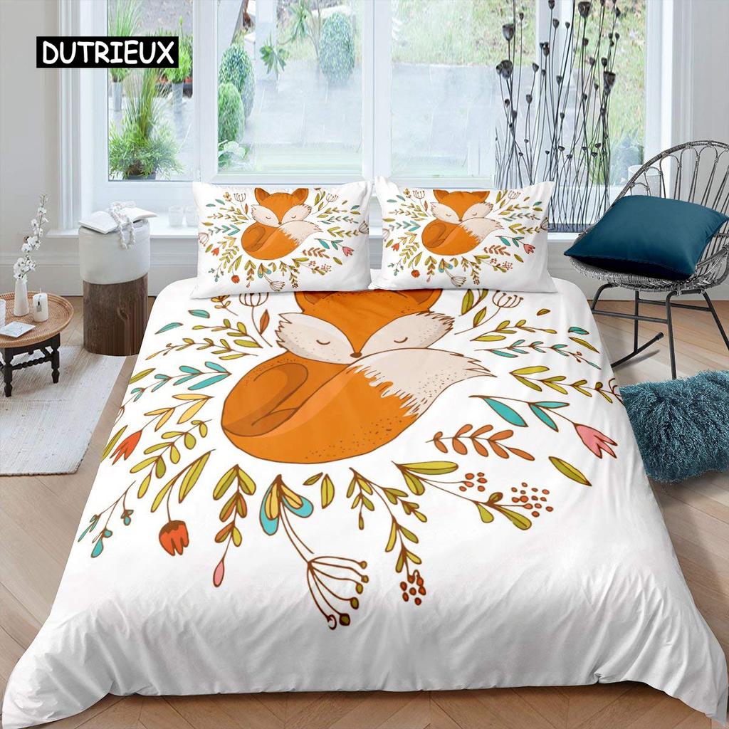 Fox Duvet Cover Set Girls Cartoon Fox Bedding Set Lovely Animal Theme Comforter Cover for Kids Teens King Polyester Quilt Cover