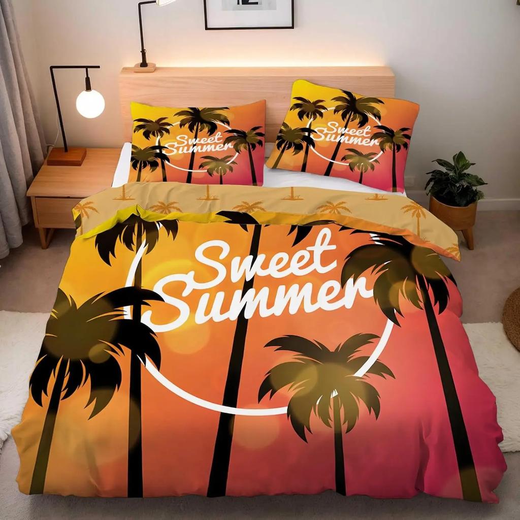 Seaside Coconut Trees Single Duvet Cover Set, Microfiber Bedding Set with Zipper Closure and 1/2 Pillowcases, for Boys and Girls