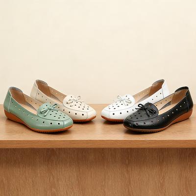 2026 Summer Genuine Leather Shoes Women Flats Soft Comfortable Mother Shoes Slip-On Ladies Daily Walking Shoes Black White Plus Size 42