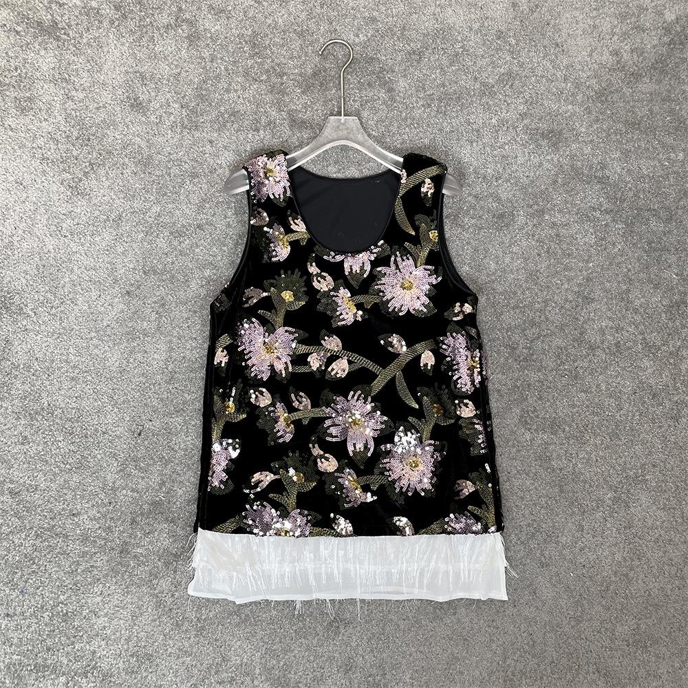 

24 Осень/Зима Новый Тяжелый Бархатный Цветочный Бисерный Жилет в Китайском Стиле Топ + Юбка В Складку Size M