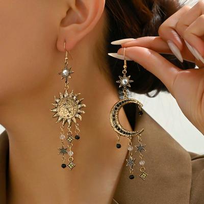 1pair Vintage Bohemian Style Sun Moon Stars Tassel Drop Earrings With Rhinestones For Women, Party Gift Daily Wear