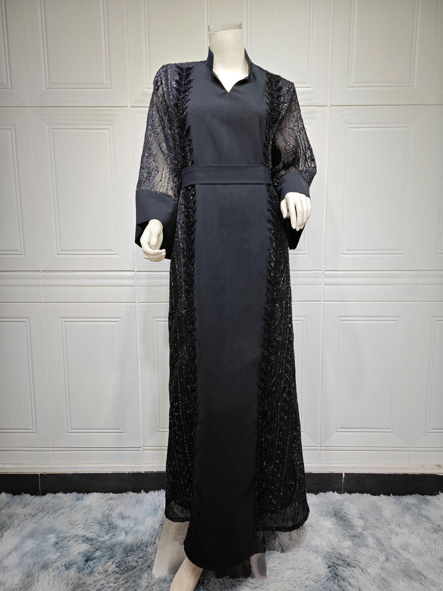 

AB378 2024 Dubai Color Block Mesh & Sequin Embroidered Muslim Dress with Belt M чорний