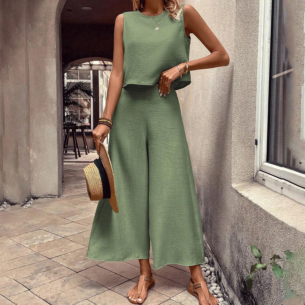 European and American women's clothing elegant women's cotton and linen sleeveless loose top wide-leg pants set summer new temperament commuting