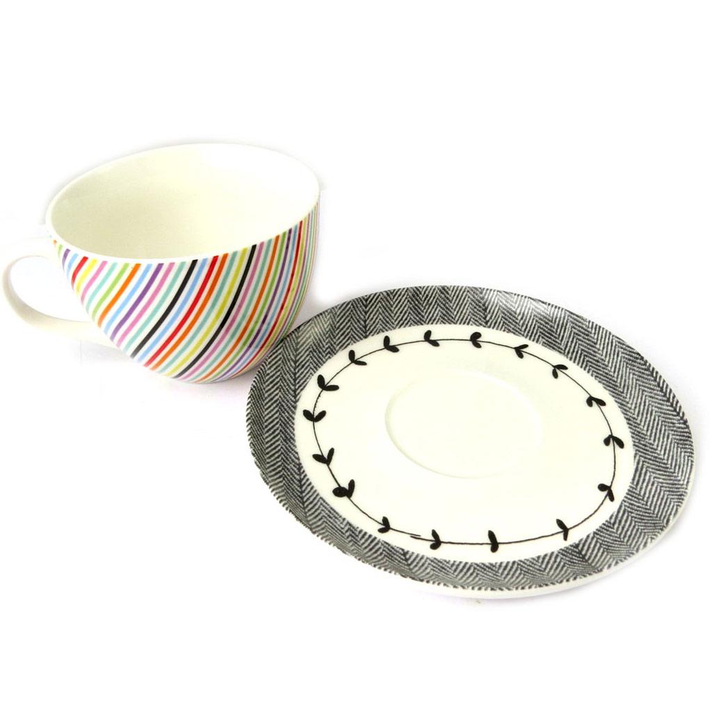 Les Trésors De Lily [N8501] - Cup + Saucer 'Vintage Design' Multicolored Stripes - 11x7 Cm