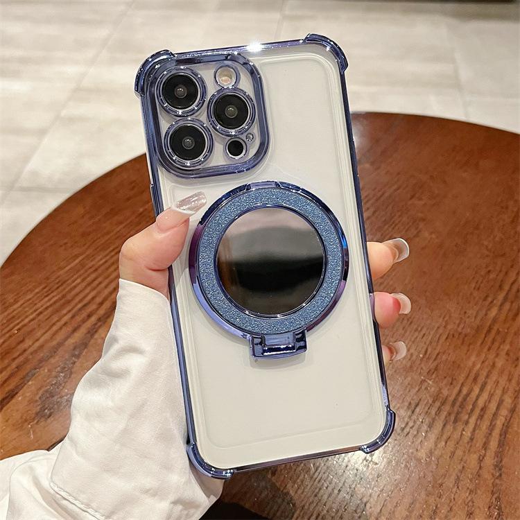 Four Corner Plating Is Suitable for Apple 16PRO Flash Powder Mirror Mobile Phone Case Iphone12/11 Ring Support Protective Cover
