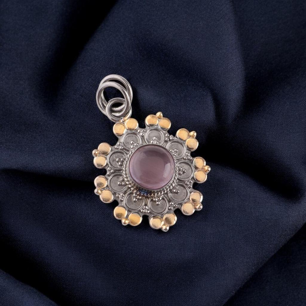 Purple Cat's Eye Gemstone 925Sterling Silver Jewelry Handmade Boho Pendant 1.26" PP-32-43