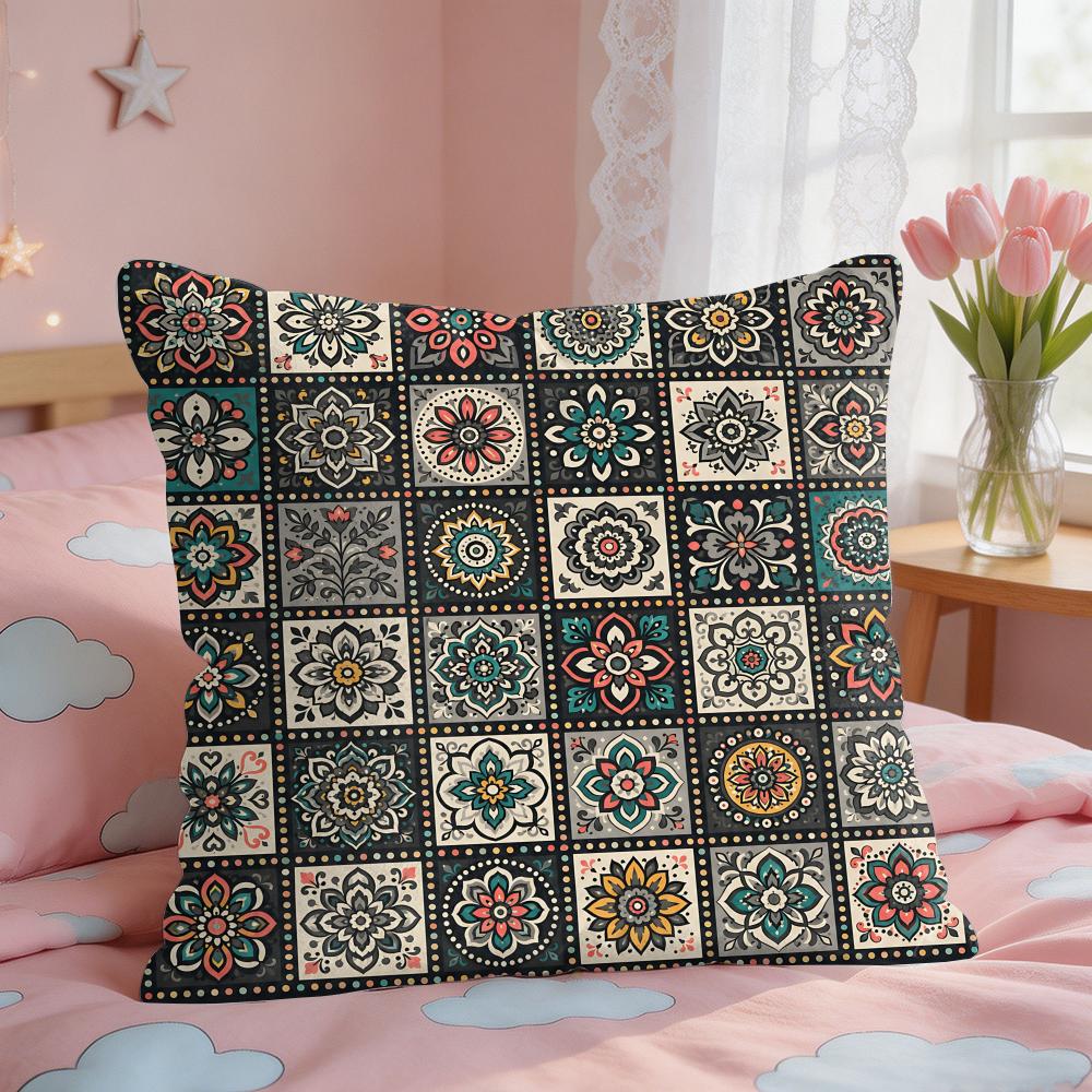 Vintage Bohemian Floral Grid Cushion Cover Short Plush Pillow Case Room Sofa Cushion Covers Home Decor Funda