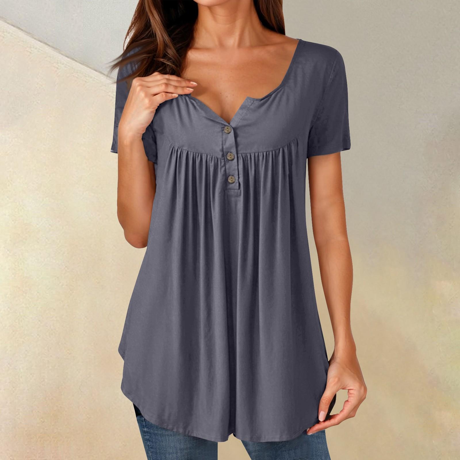 

Жіночі топи-туніки Одягнені повсякденні літні сорочки з короткими рукавами Вільний крій у складку в стилі бохо L