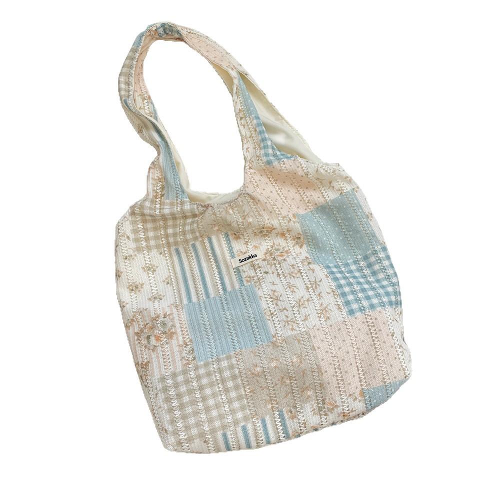 2 Hollow Splicing Floral Lazy Wind Vest Bag Literary Shoulder Bag Large Capacity Commuter Tote Bag