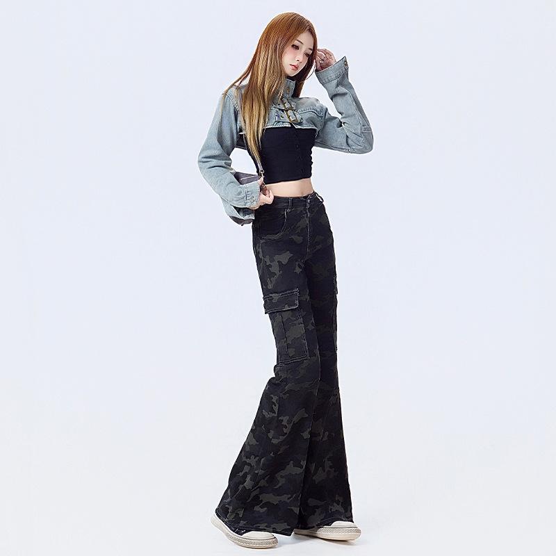 American gray camouflage overalls women's new elastic high-waisted narrow version thin and slightly pulled pants camouflage trousers