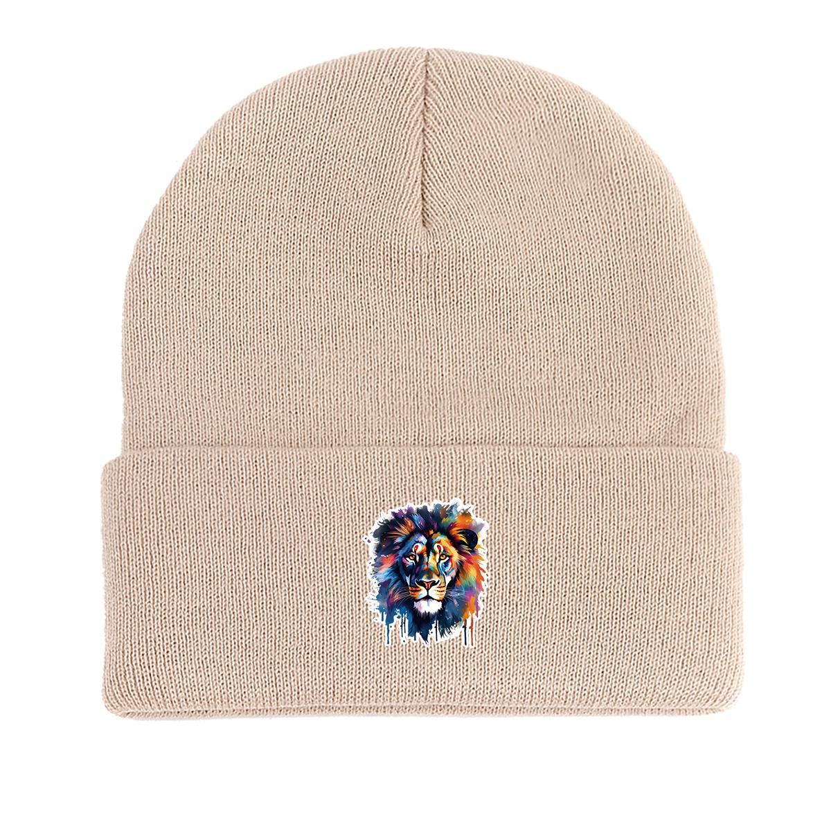 

Теплая вязаная шапка с разноцветным львом, шапка-бини с изображением животных Skullies, удобная эластичная вязаная шапка в стиле хип-хоп Gorro as the picture бежевый