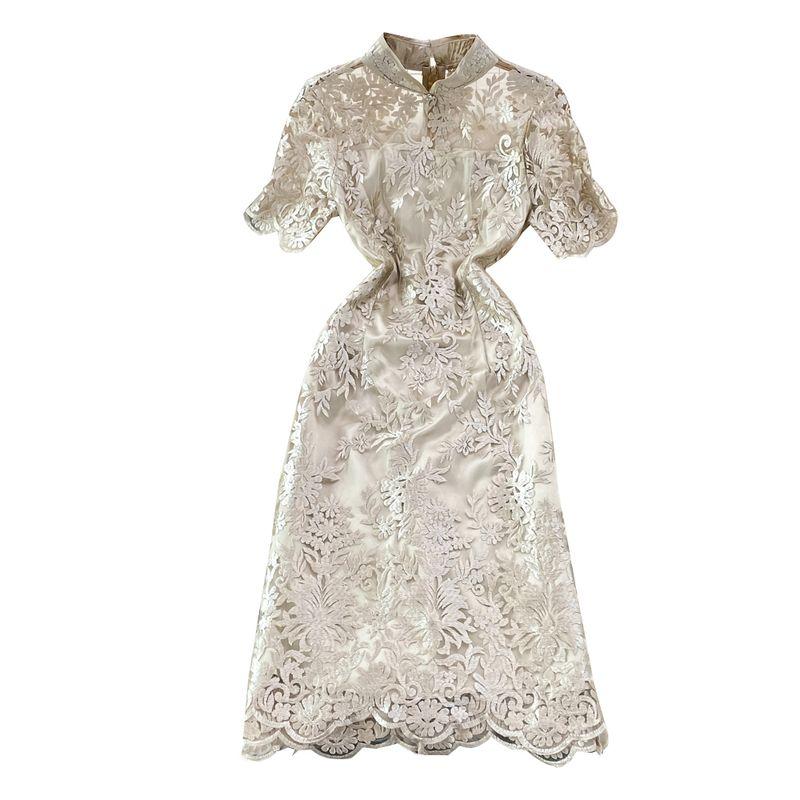 Retro Chinese Style Young Improved Cheongsam Summer Graceful Stand Collar See-through Slim-Fit Slim Looking A- line Dress