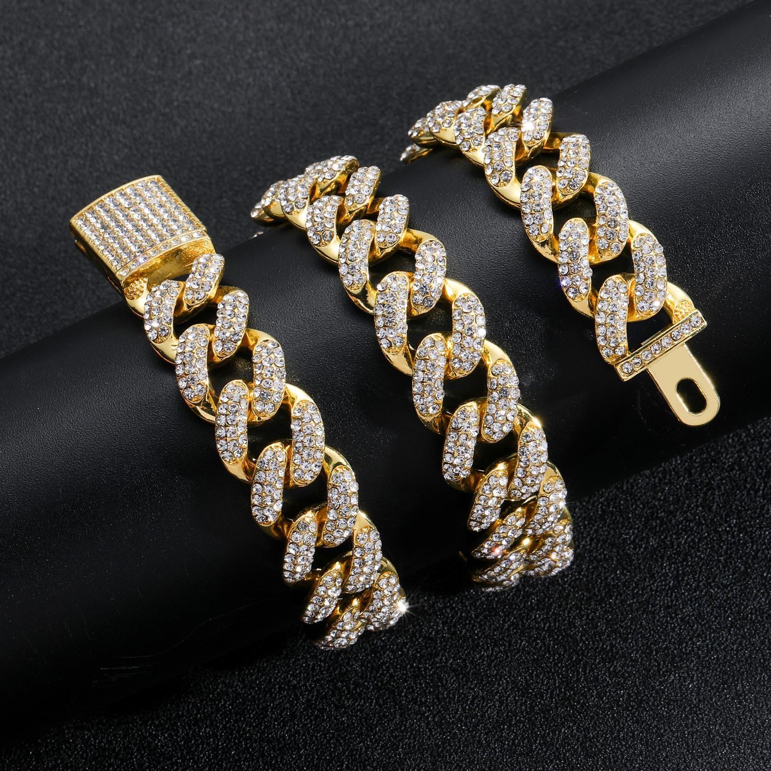 

Намисто Хіп-хоп 15 мм Трирядний алмаз Кубинський ланцюжок Особистість Хіпстер Чоловіче намисто Хіп-хоп 16 inch золотий