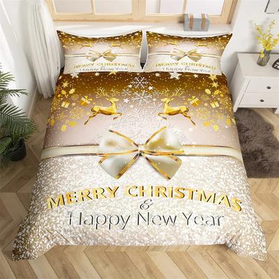 Merry Christmas Duvet Cover Happy New Year Microfiber Xmas Deer Elk Bedroom Decoration for Boys Girls Golden Bow Holiday Gifts