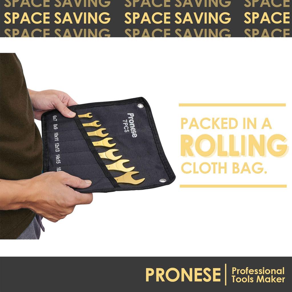 Pronese Wrench 3mm Mirror Made by Wide Range of Sizes Ultra-Thin Set, Thin, Gold-Colored, 7-Piece Set, Double-Ended, Thick, Finish, 6-19mm, CRV,